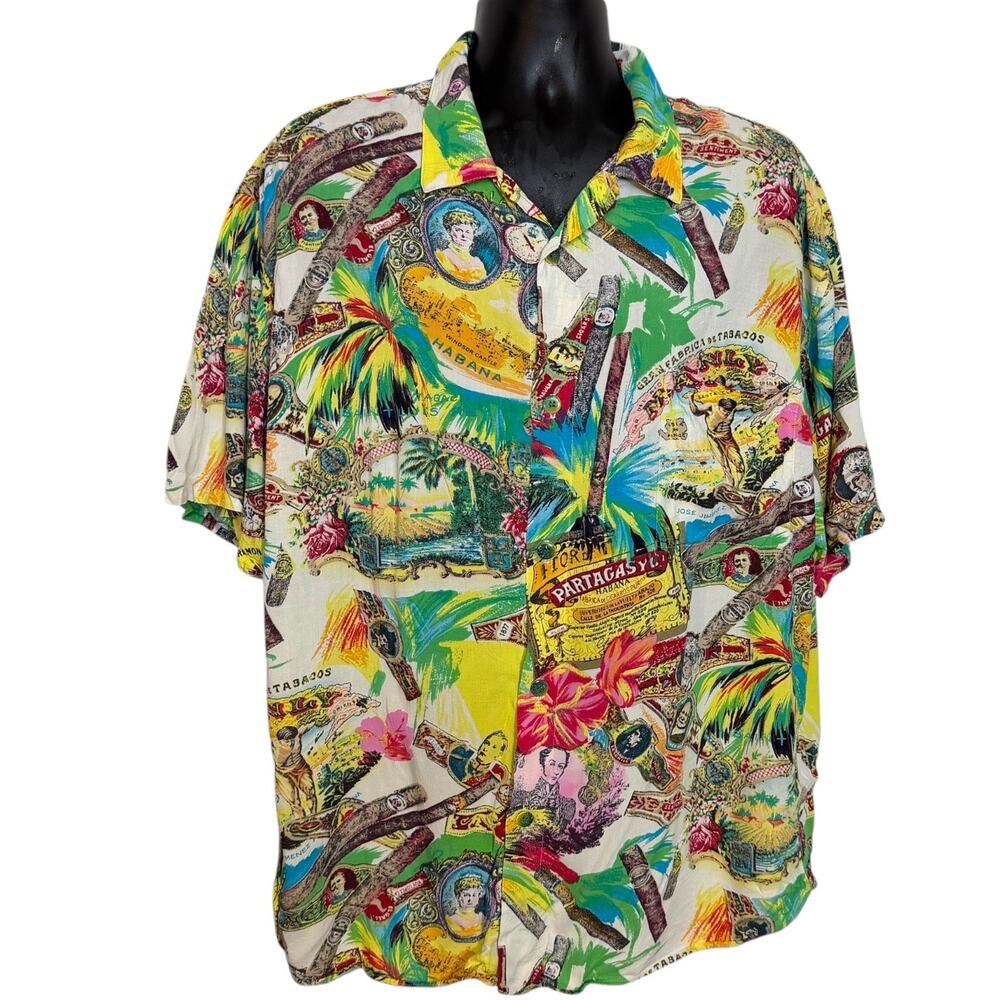 Vintage Jams World Havana Cigar Print Short Sleeve Rayon Button Up Shirt Mens XL